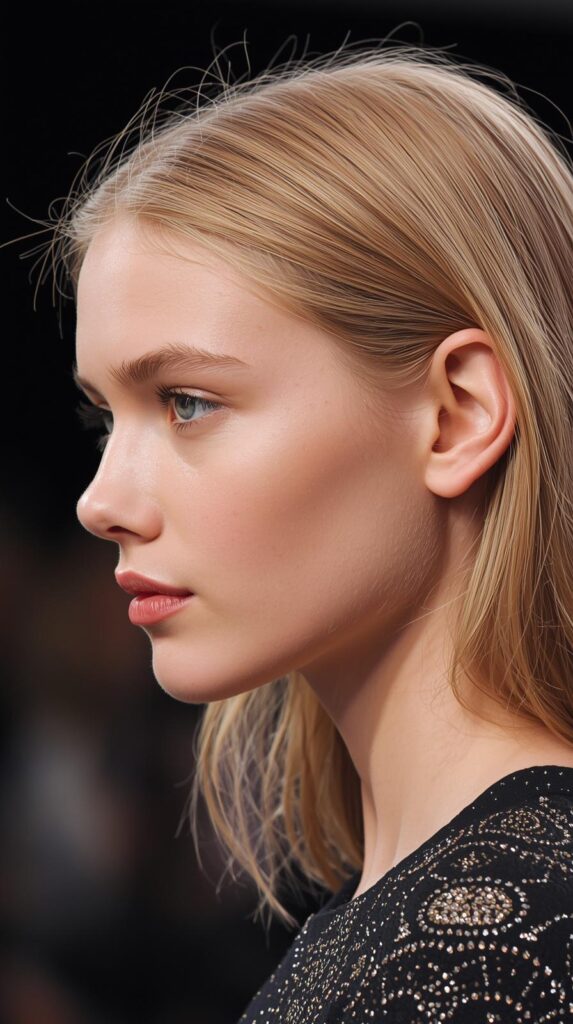 Fashion parade female model with delicate barely-there strawberry blonde hair