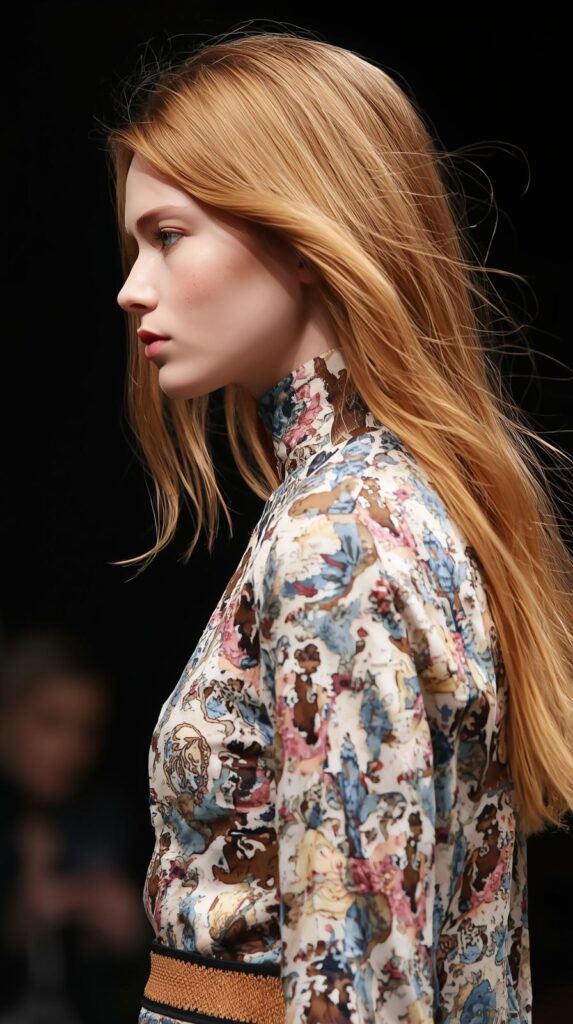 Fashion parade female model with natural-looking golden reddish blonde hair