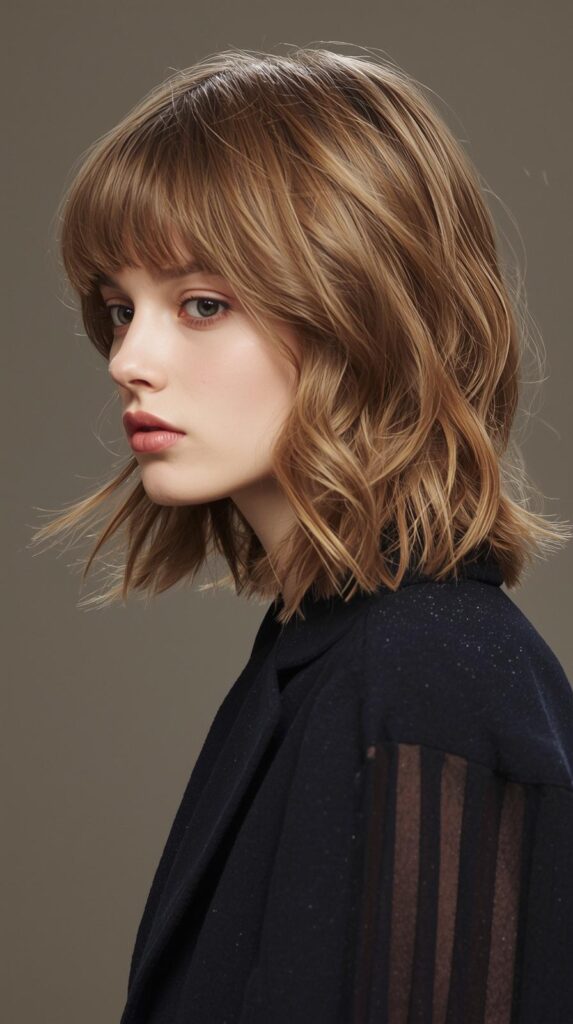 Fashion parade female model with round face, medium length shag haircut with loose waves, side profile photo