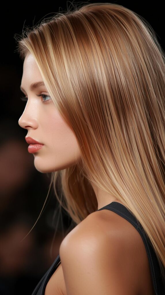 Fashion parade female model with shimmering multi-toned strawberry blonde hair