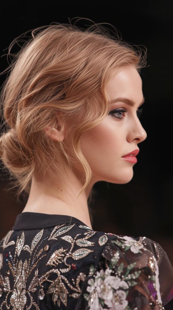 Fashion parade female model with soft blush strawberry blonde hair