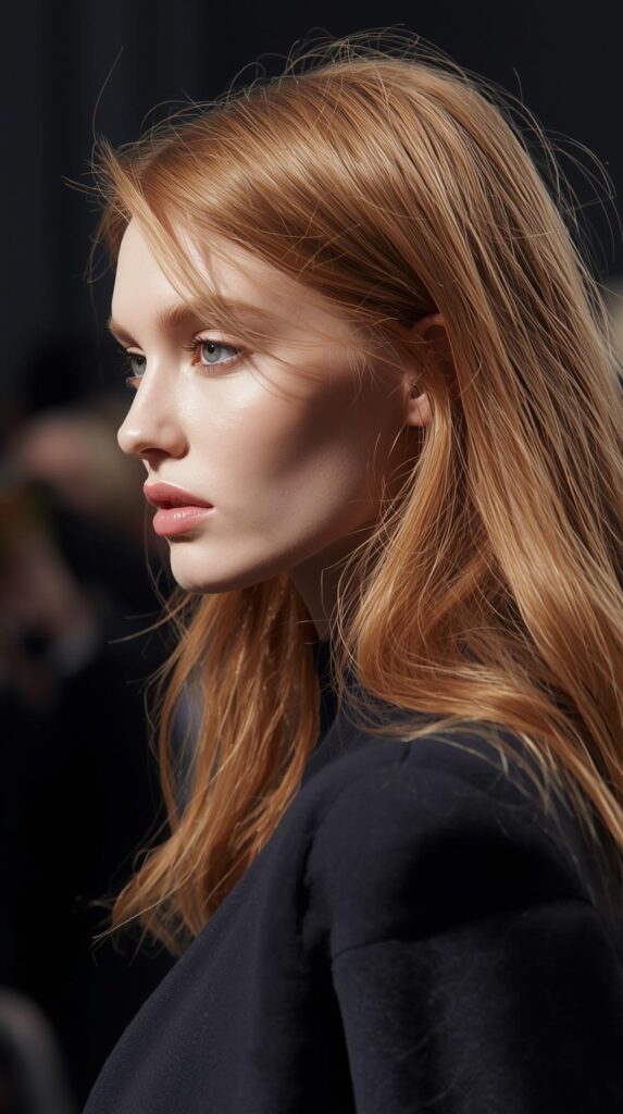 Fashion parade female model with soft sun-kissed light reddish blonde hair