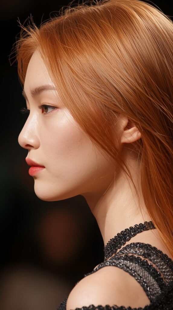 Fashion parade female model with vivid copper-strawberry blonde hair