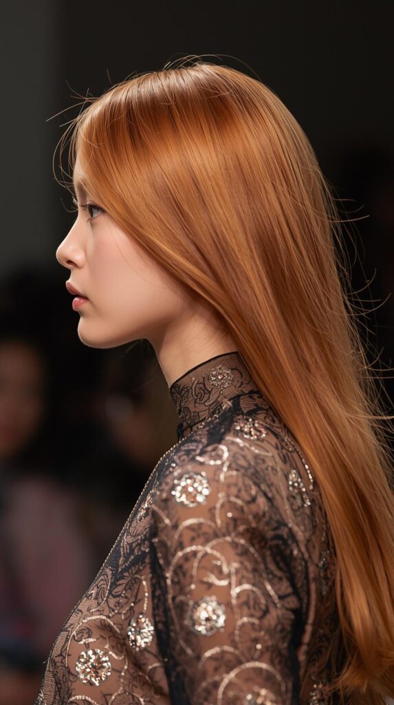 Fashion parade female model with warm copper strawberry blonde hair