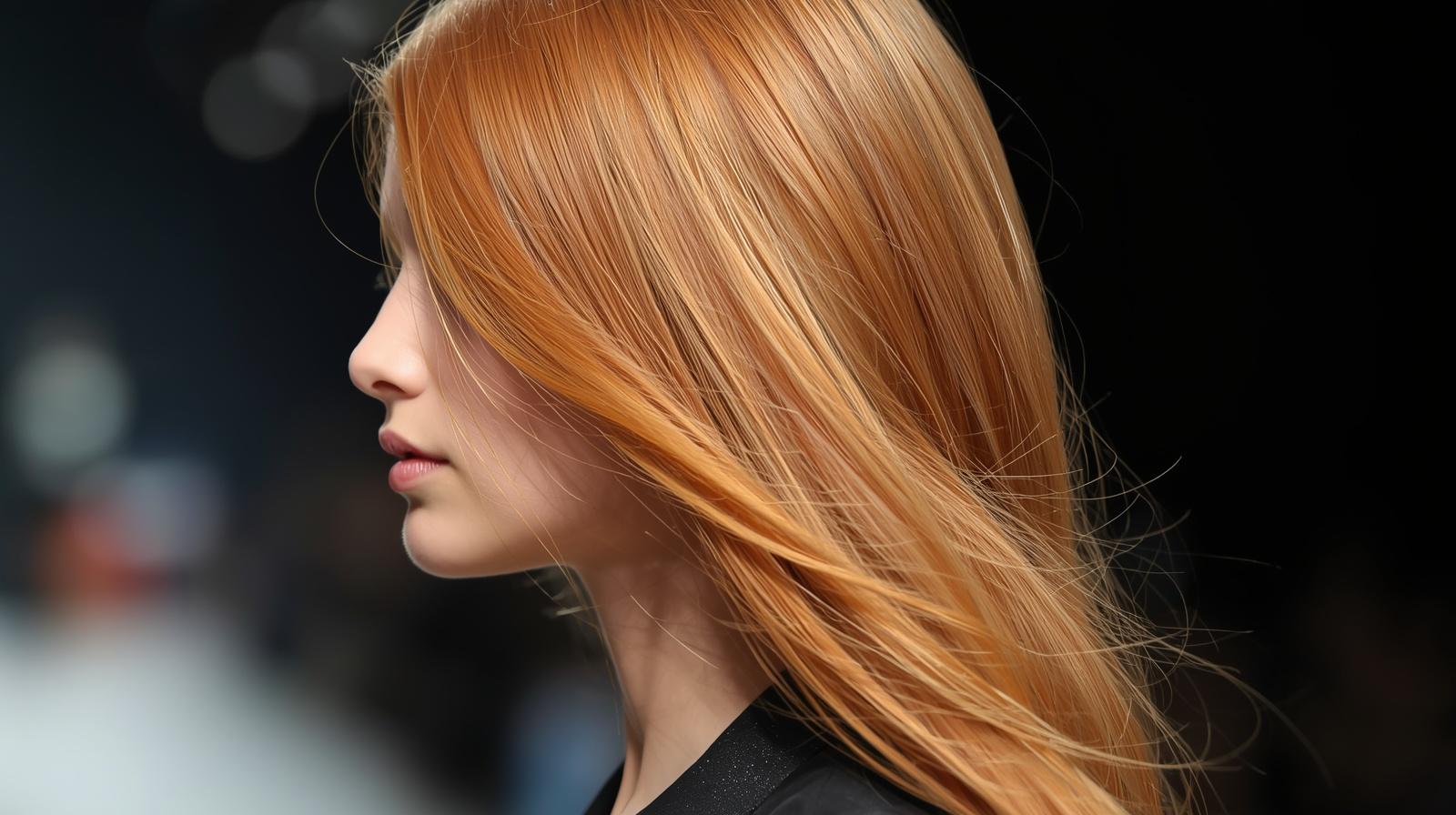 Fashion parade female model with warm strawberry blonde reddish-toned hair