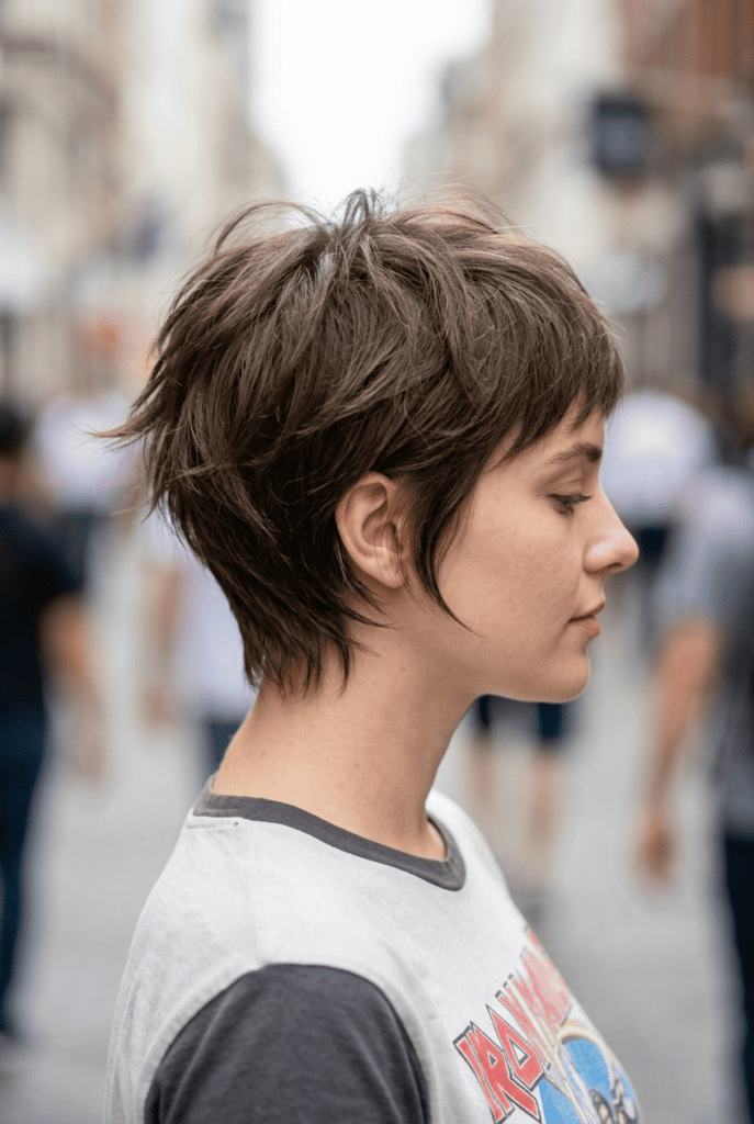 Woman with short feathered crop haircut showing tapered layers