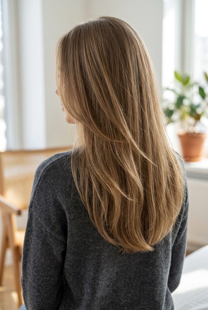 Female model back profile showing long fine hair with soft shallow U shape cut and light catching layers Female model back profile showing long fine hair with soft shallow U shape cut and light catching layers
