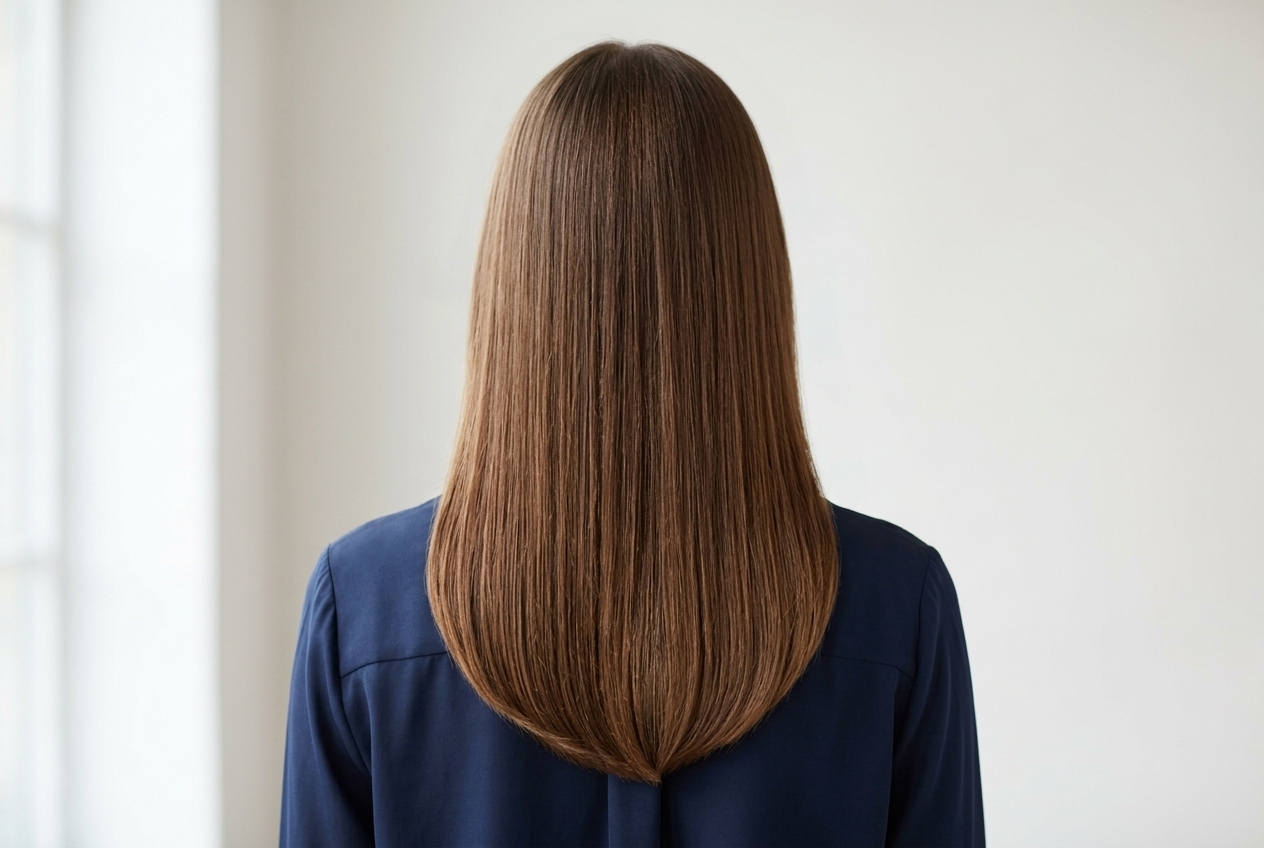 Female model back profile showing long hair with U shape cut and soft rounded hemline