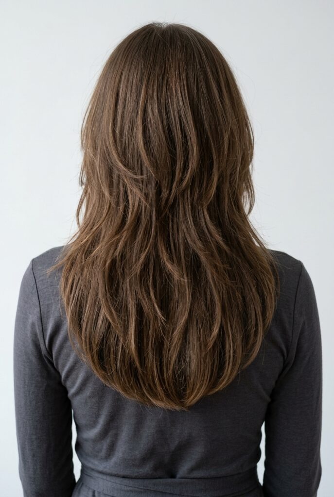 Female model back profile showing long hair with U shape cut and soft shag layers in relaxed textured silhouette Female model back profile showing long hair with U shape cut and soft shag layers in relaxed textured silhouette