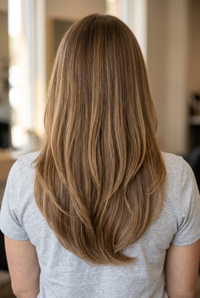 Female model back profile showing long hair with classic U shape cut and flowing sweeping layers Female model back profile showing long hair with classic U shape cut and flowing sweeping layers