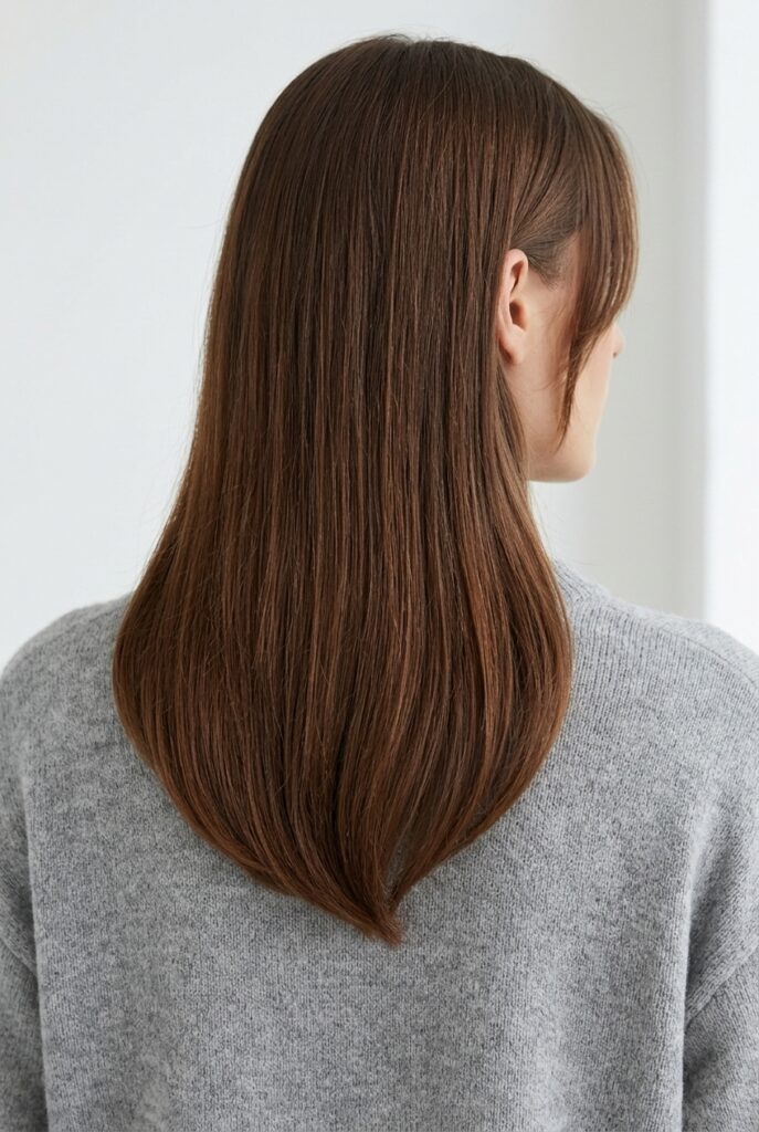 Female model back profile showing long hair with deep U shape cut and subtle face framing pieces Female model back profile showing long hair with deep U shape cut and subtle face framing pieces