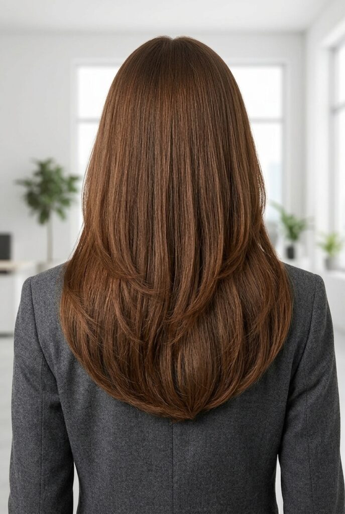 Female model back profile showing long thick hair with U shape cut and internal layers for reduced bulk Female model back profile showing long thick hair with U shape cut and internal layers for reduced bulk