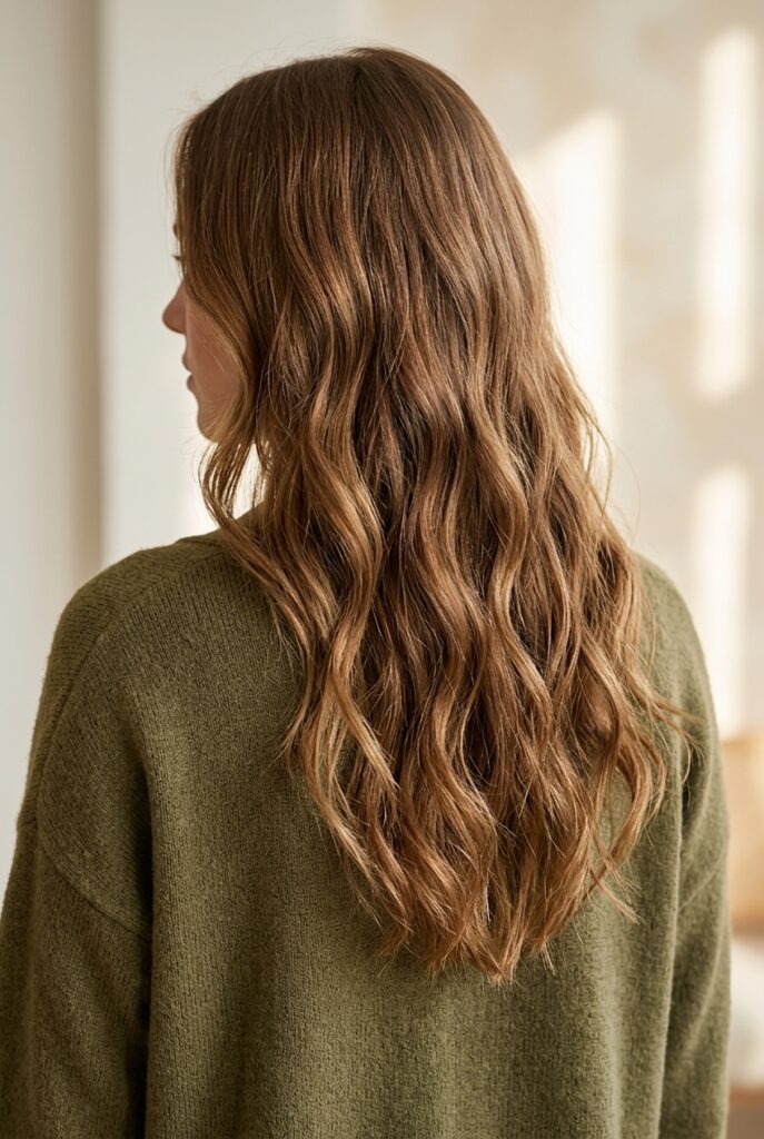 Female model back profile showing long wavy hair with U shape cut and textured point cut ends Female model back profile showing long wavy hair with U shape cut and textured point cut ends