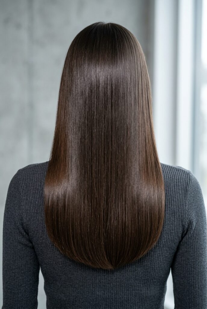 Female model back profile showing sleek straight long hair with clean polished U shape hemline Female model back profile showing sleek straight long hair with clean polished U shape hemline