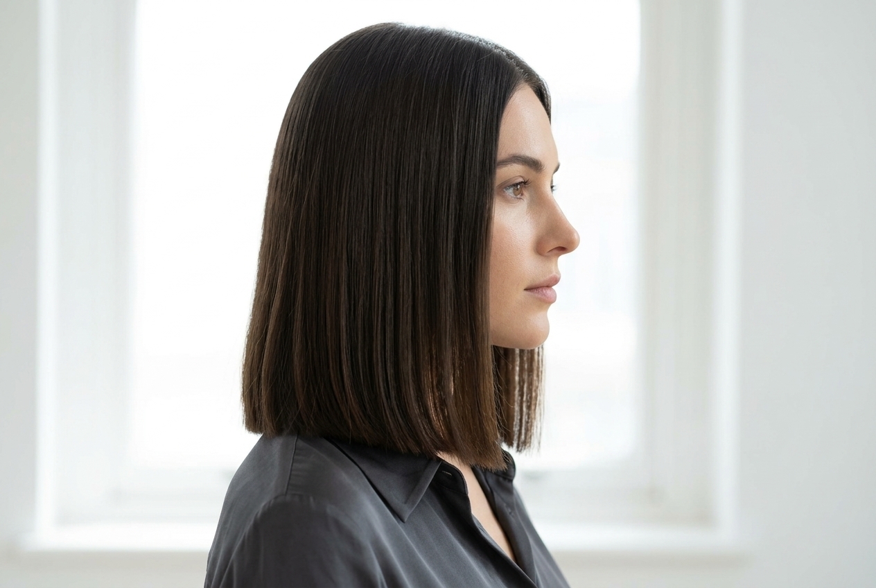 Female model in side profile showcasing a classic blunt haircut with clean straight ends and sharp defined edges