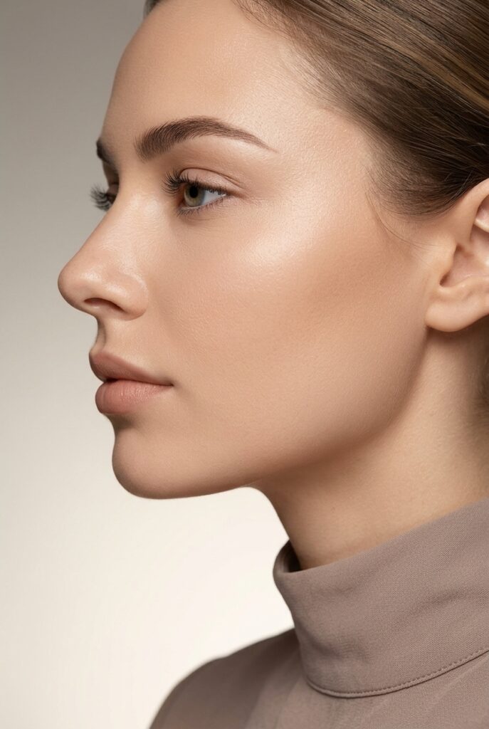 Female model in side profile showcasing an all in one CC cream foundation finish with visibly even full coverage skin and a naturally perfected healthy complexion Female model in side profile showcasing an all in one CC cream foundation finish with visibly even full coverage skin and a naturally perfected healthy complexion