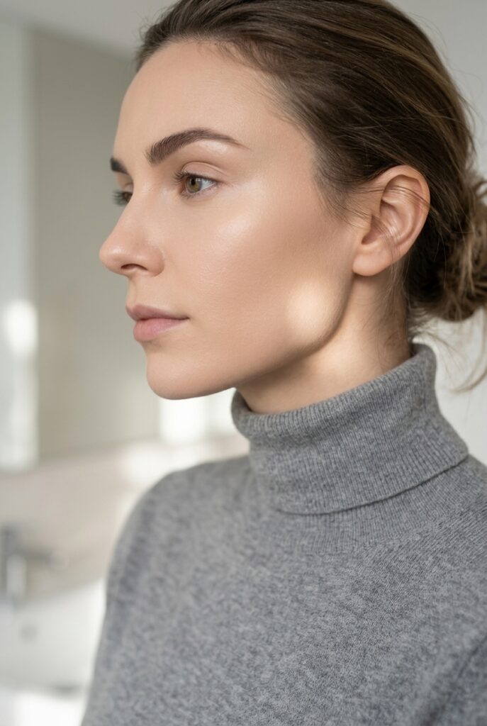 Female model in side profile with shine free fresh looking skin and a lightweight lit from within foundation finish Female model in side profile with shine free fresh looking skin and a lightweight lit from within foundation finish