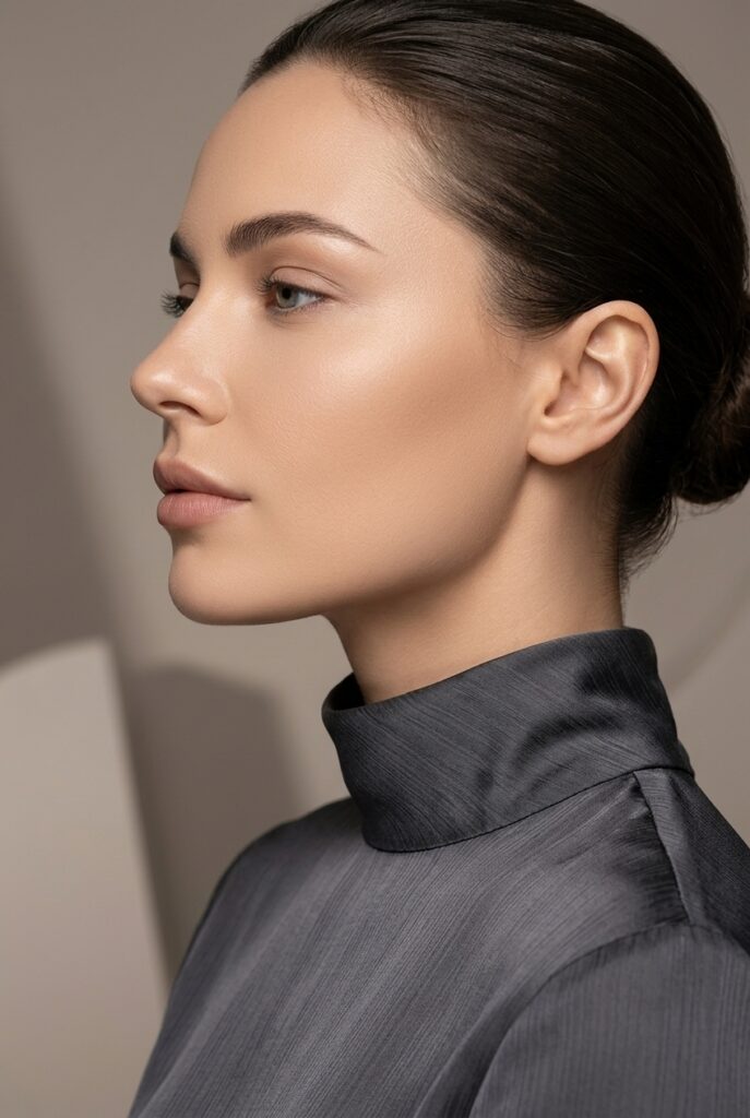 Female model in side profile with visibly blurred pores and an airbrushed full coverage foundation finish Female model in side profile with visibly blurred pores and an airbrushed full coverage foundation finish