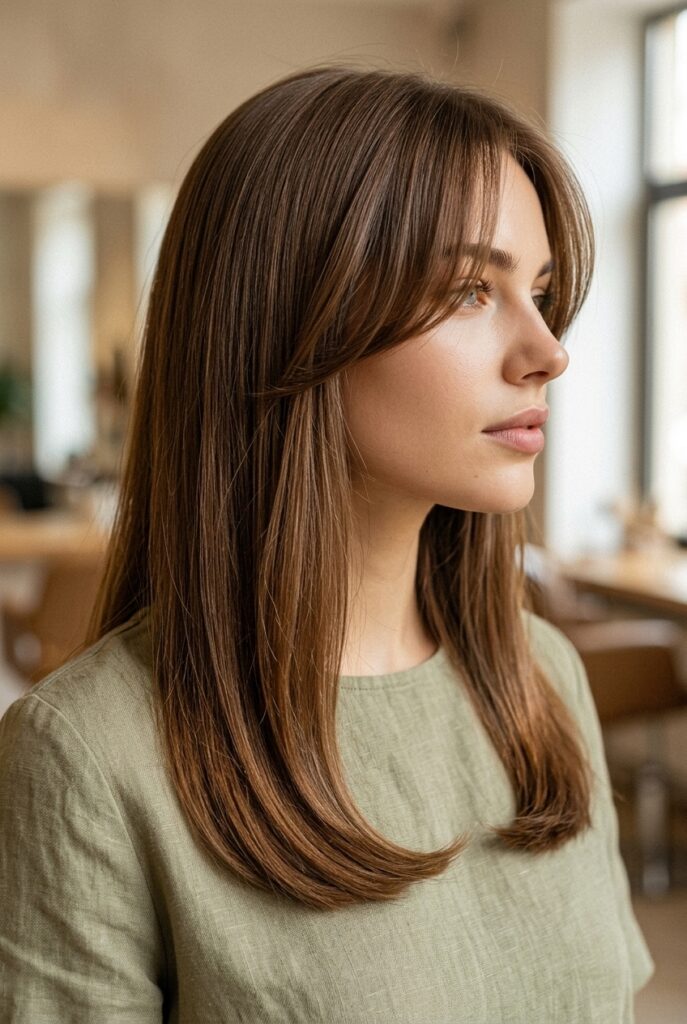 Female model side profile showing long U shape cut with curtain bangs parted at center framing the face Female model side profile showing long U shape cut with curtain bangs parted at center framing the face