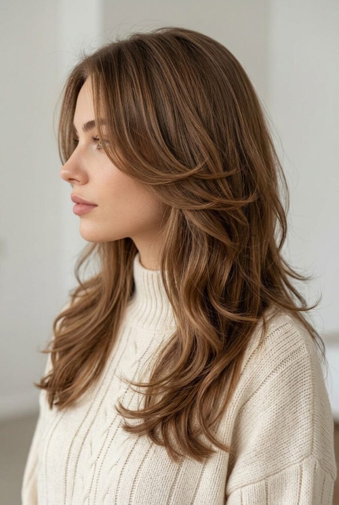 Female model side profile showing long hair with U shape cut and butterfly layers in loose waves Female model side profile showing long hair with U shape cut and butterfly layers in loose waves