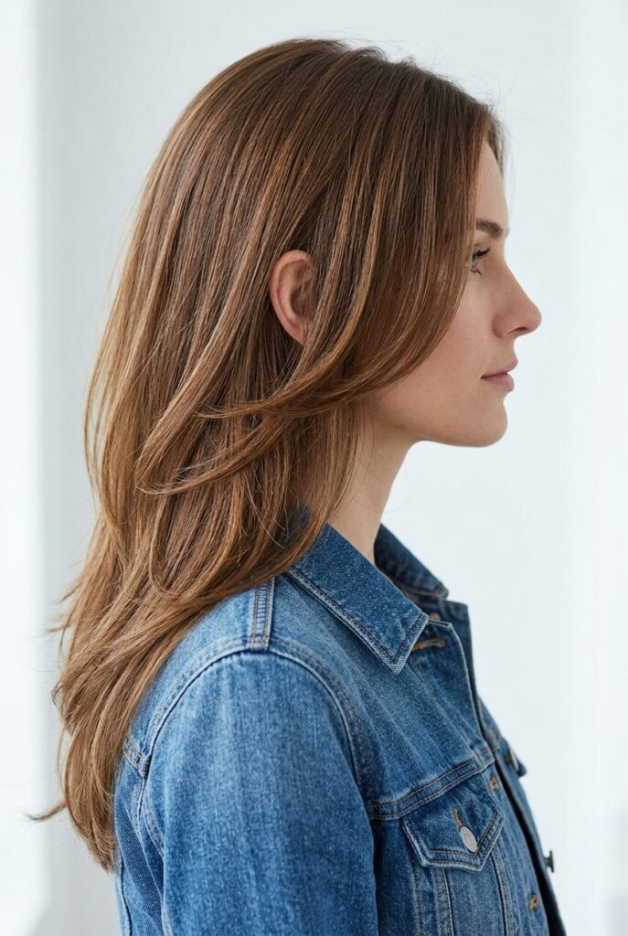 Female model side profile showing long hair with U shape cut and side swept layers flowing over one shoulder Female model side profile showing long hair with U shape cut and side swept layers flowing over one shoulder