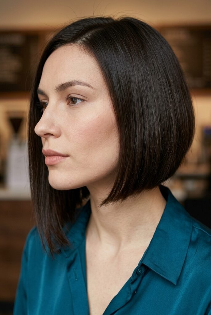 Female model with asymmetrical blunt bob longer on one side in side profile Female model with asymmetrical blunt bob longer on one side in side profile
