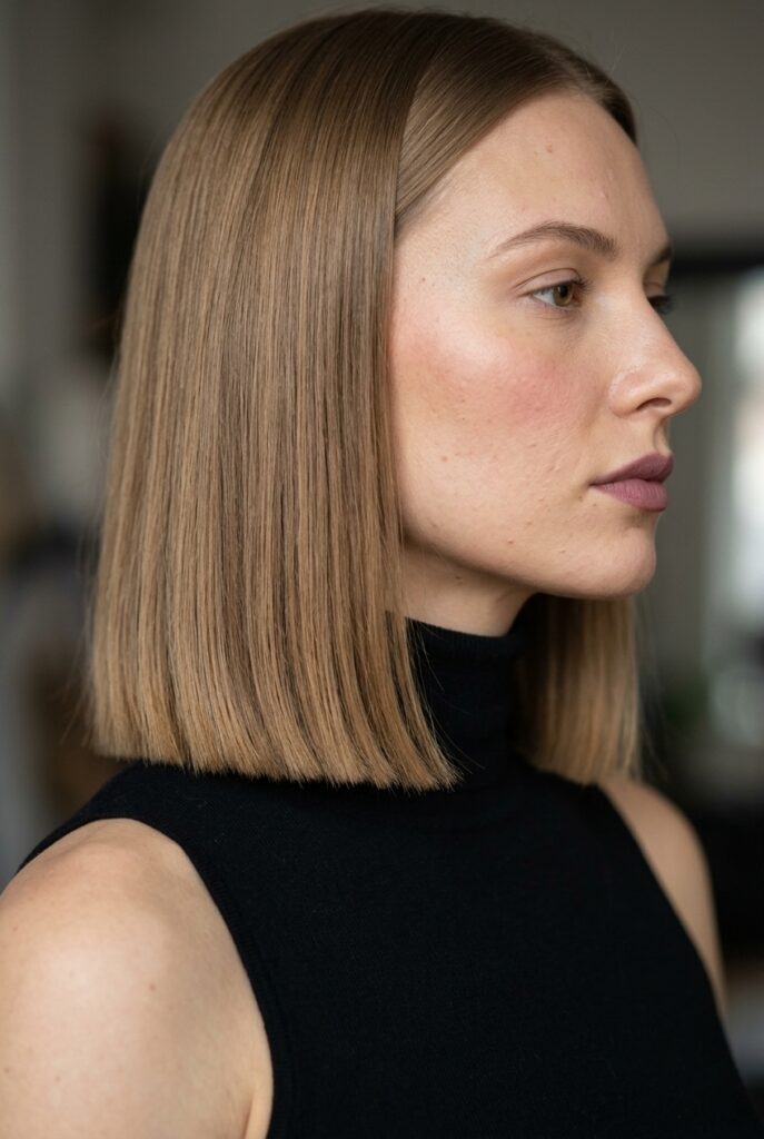 Female model with blunt collarbone length haircut in side profile Female model with blunt collarbone length haircut in side profile