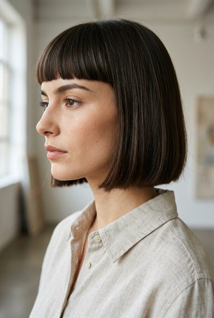 Female model with blunt cut and full straight fringe in side profile Female model with blunt cut and full straight fringe in side profile
