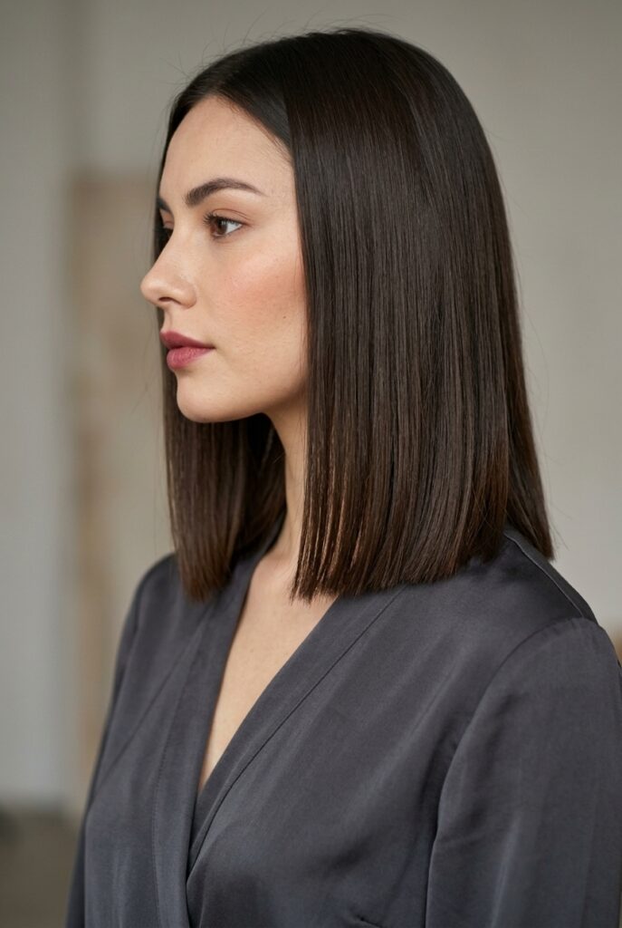 Female model with blunt long bob haircut in side profile Female model with blunt long bob haircut in side profile