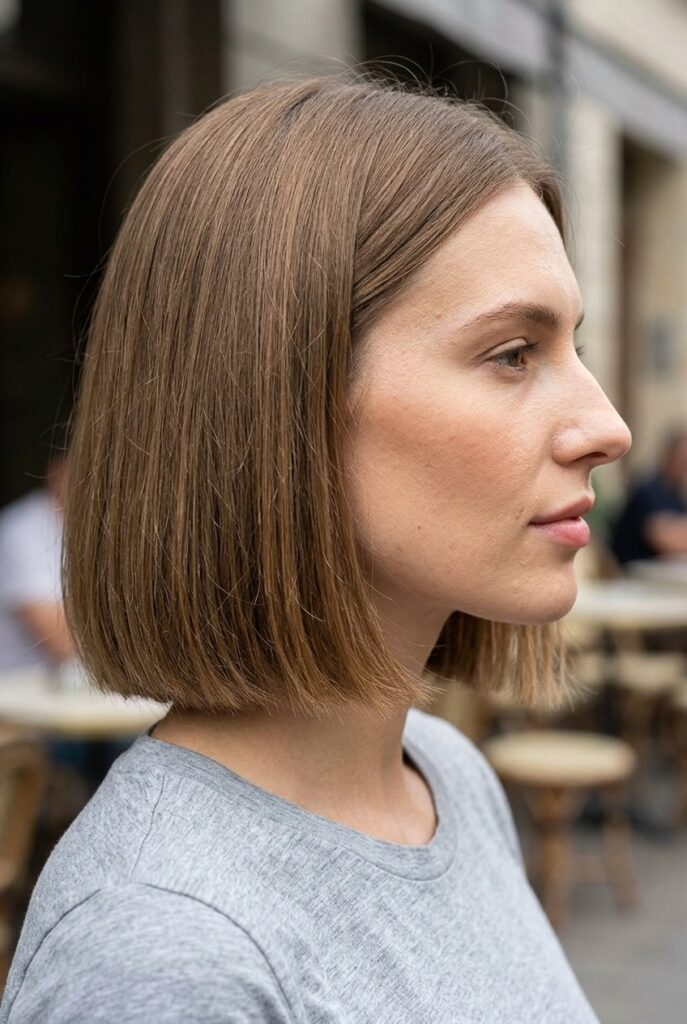 Female model with blunt shoulder length haircut showing clean straight ends in side profile Female model with blunt shoulder length haircut showing clean straight ends in side profile