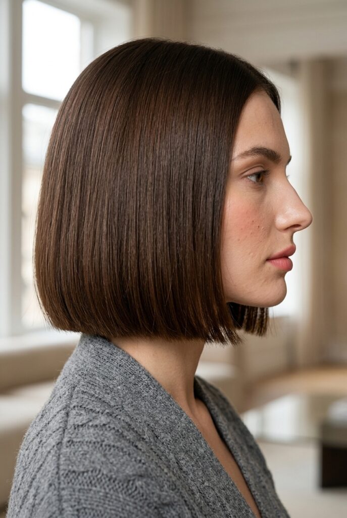 Female model with classic blunt bob haircut in side profile Female model with classic blunt bob haircut in side profile
