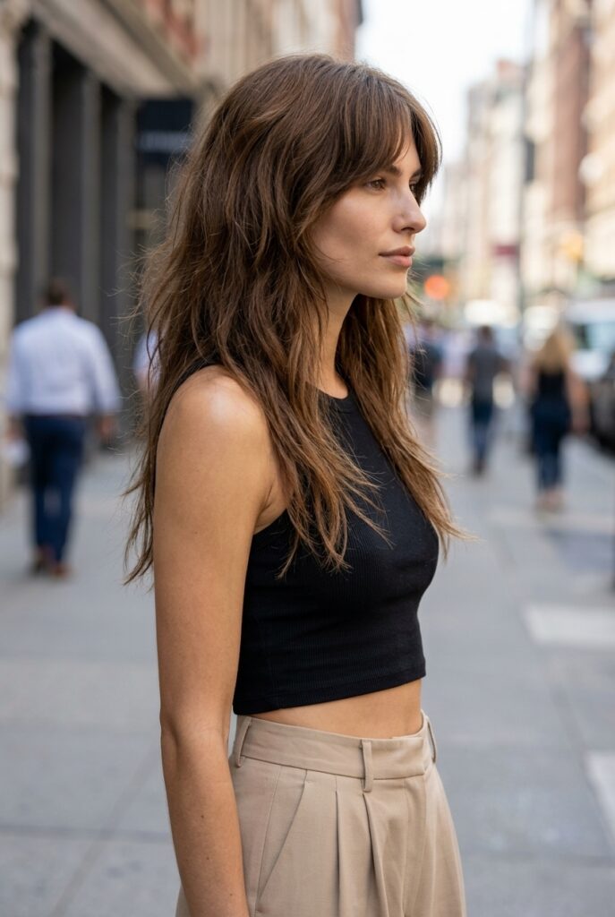 Female model with long shag haircut on thick hair showing blended internal layers and wispy ends with effortless movement