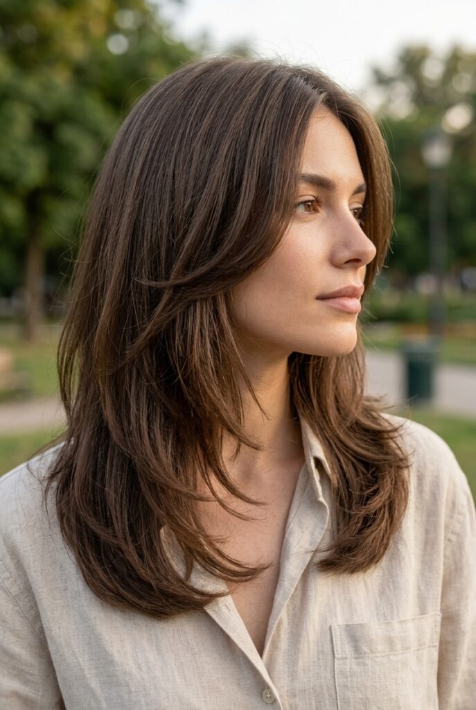 Female model with long thick hair featuring graduated face framing pieces blending seamlessly into longer layers