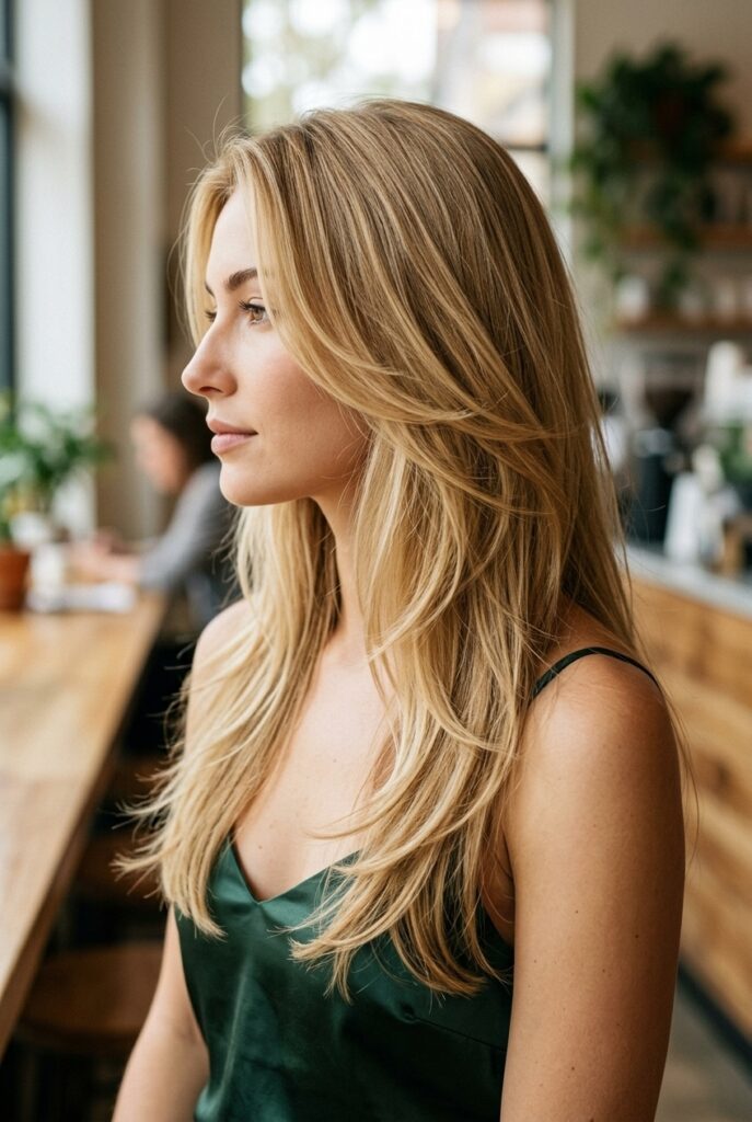 Female model with long thick hair in feathered layers showing soft tapering texture and natural flowing movement