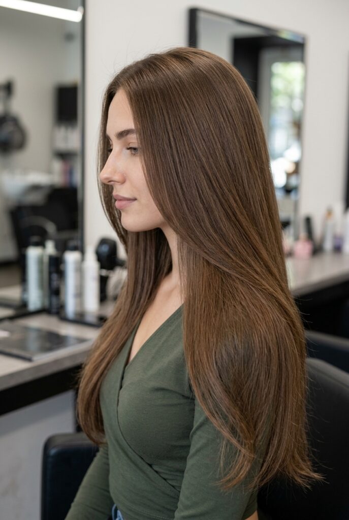 Female model with long thick hair showing smooth flowing lengths and reduced bulk from internal texturizing
