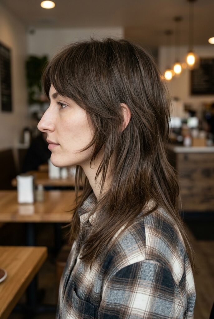 Female model with long wolf cut showing heavy layering and choppy face framing pieces on thick hair