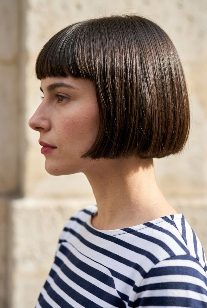 Female model with short French bob and blunt bangs in side profile Female model with short French bob and blunt bangs in side profile