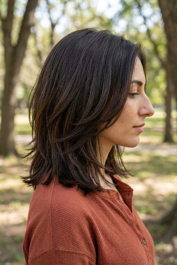 Female model with thick hair in a collarbone length cut featuring medium layers for shape and natural movement