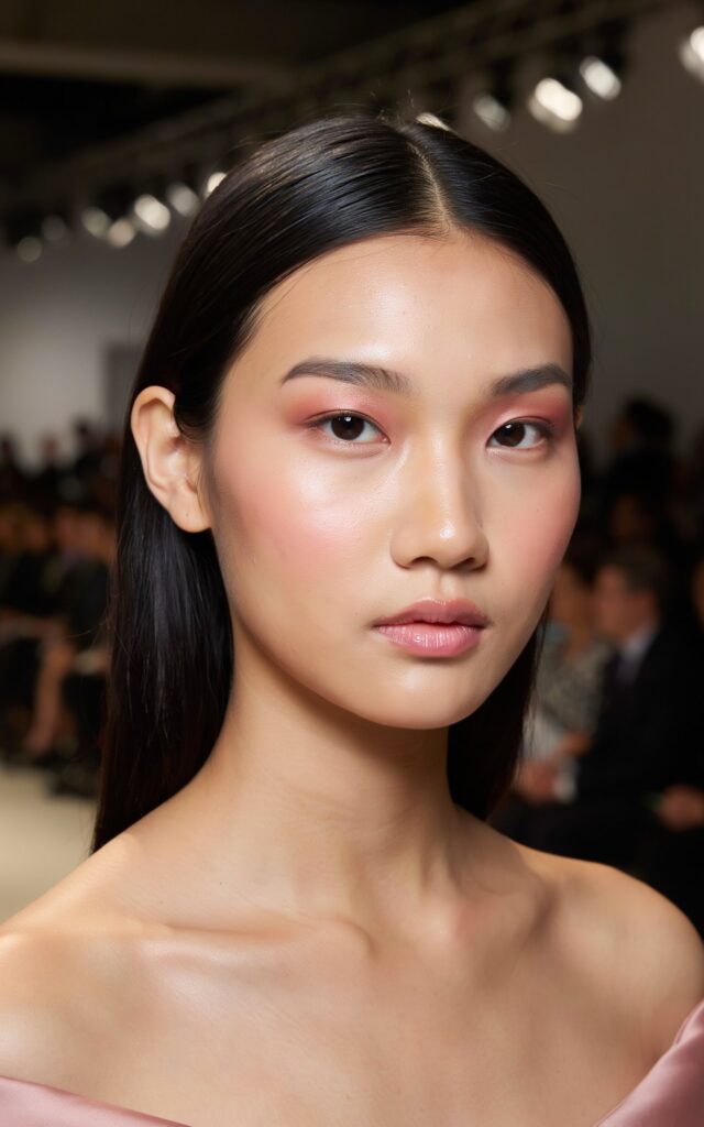 Filipino fashion parade teen model with monochromatic rose pink makeup across eyes, cheeks, and lips