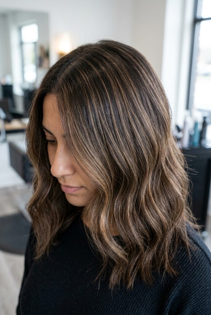 Fine babylights woven close to scalp on brunette hair