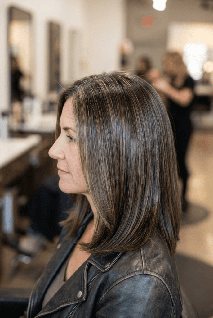 Finish With a Demi-Permanent Gloss Mature woman with dark hair showing glossy shine after a demi permanent gloss treatment