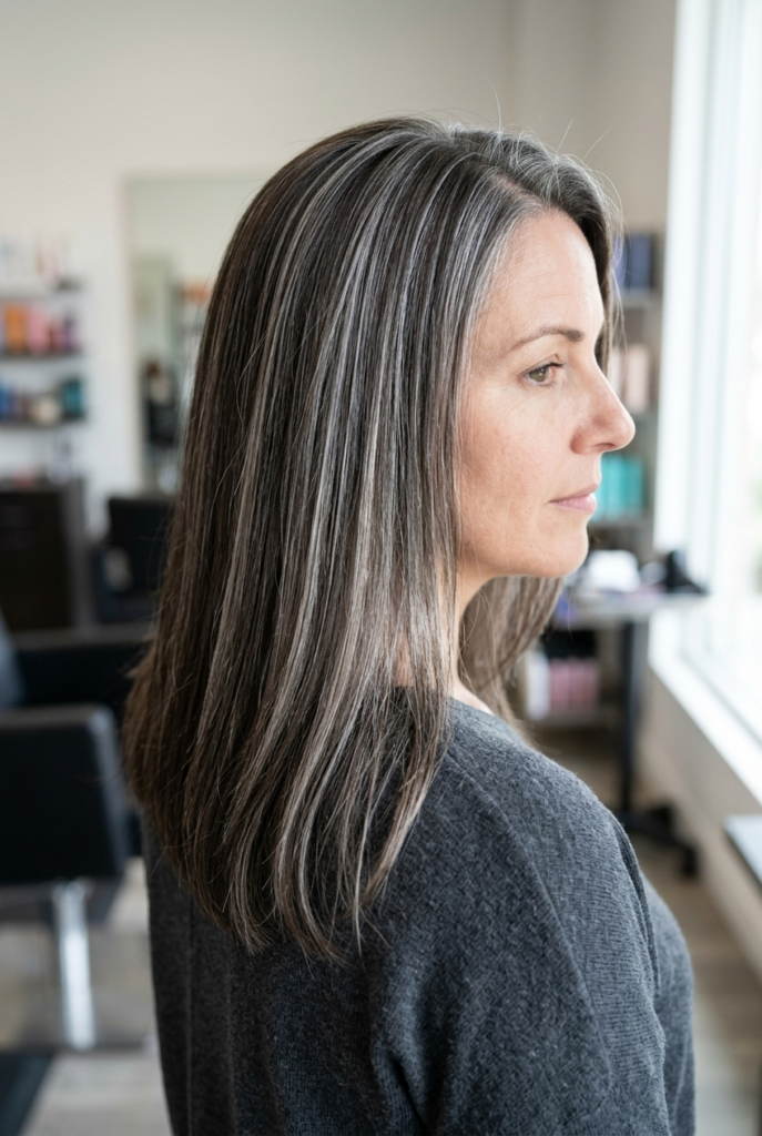 Cool ash toning gloss over highlights blending gray hair