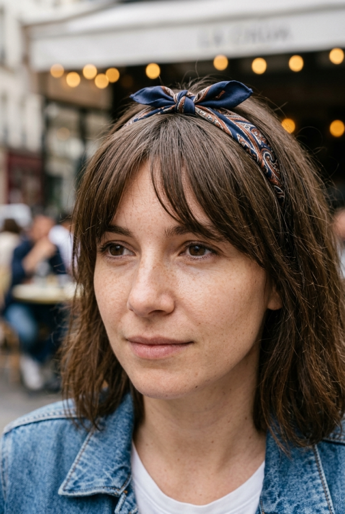 Woman with French bangs finished with a silk headscarf accessory