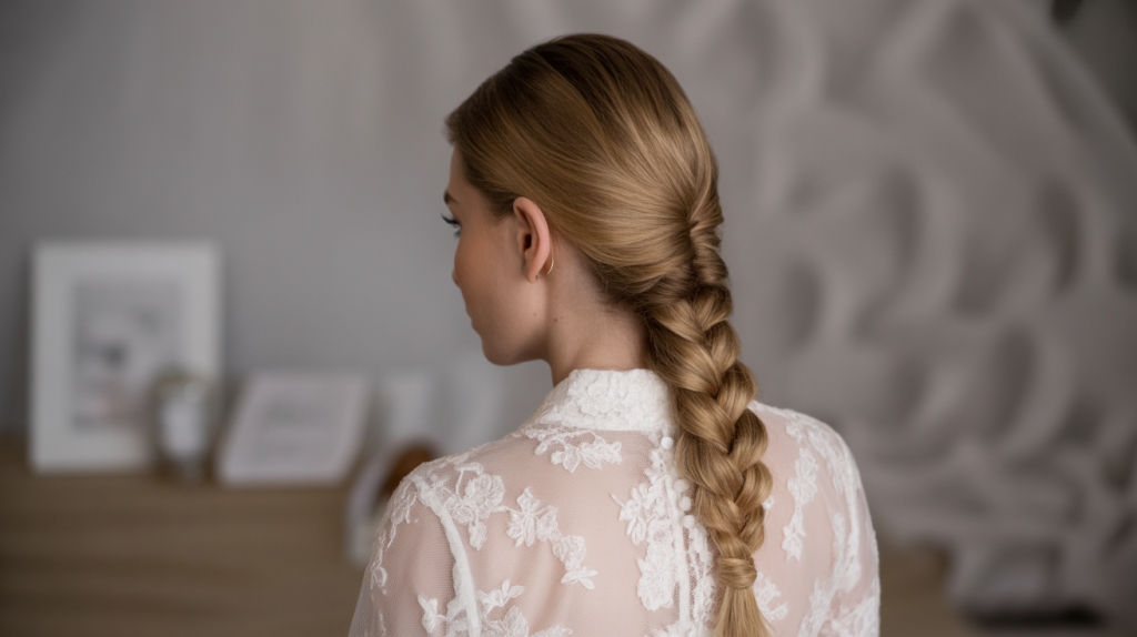 French Braid, wedding bride, back profile professional photo, photo studio blurred background