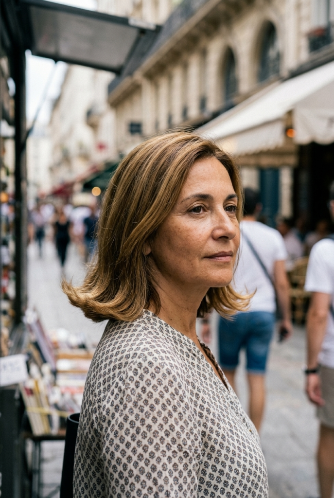 Mature woman with flippy bob ends kicking outward