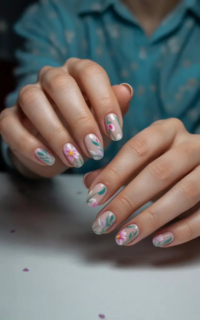 Full closeup to female hands with hand-painted floral nail art featuring delicate flowers and leaves, pastel base with colorful petals, garden-inspired design on light background, feminine and artistic manicure.