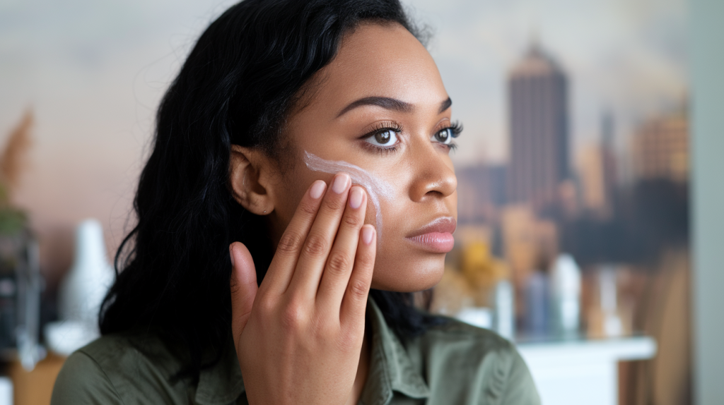 African woman with black hair and brown eyes. She is doing a skincare routine at home, focusing on using skincare acids