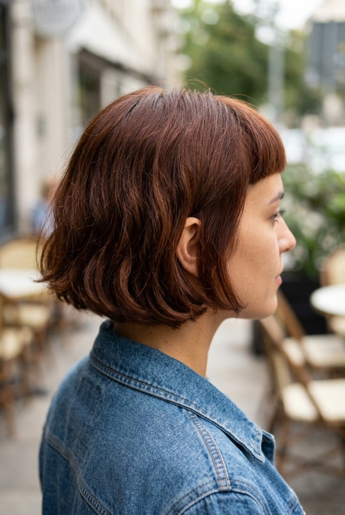 French Bob Woman with chin length French bob and micro bangs