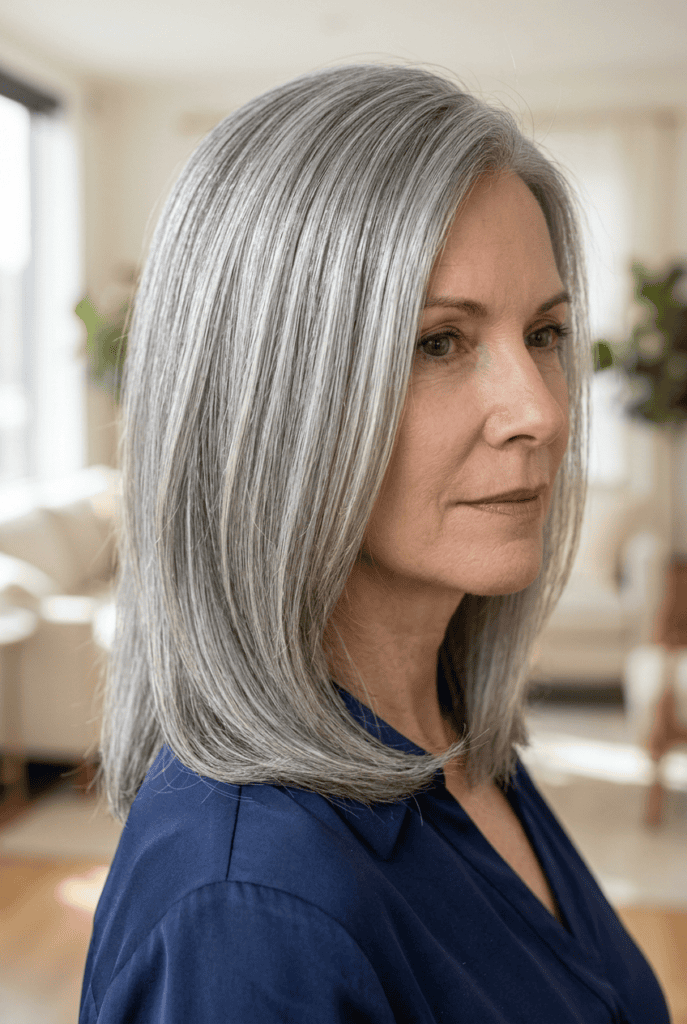 French Gray Gloss Mature woman with glossy shiny French gray hair