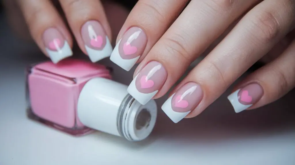 French Tip Nails with Cute Pink Hearts